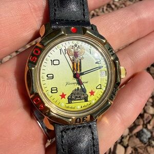 NIB Vostok Komandirskie Military Mechanical Watch - Yellow Dial, Black Strap